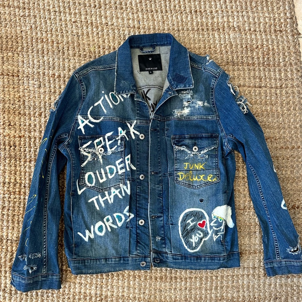 JUNK DE LUXE DISTRESSED DENIM JACKET HAND-PAINTED SIZE XL